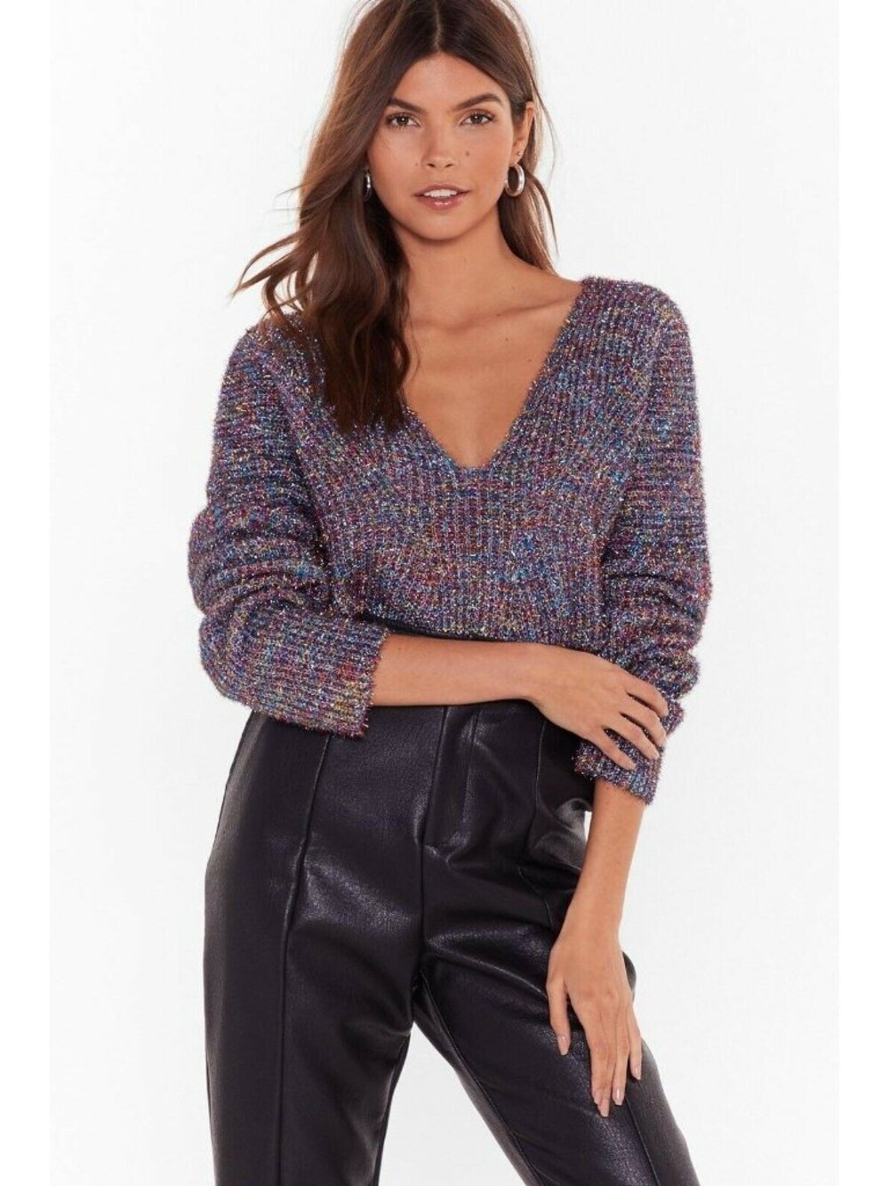 NASTY GAL Tinsel Time V-Neck Cropped Sweater Rainbow Metallic NEW Holiday Top M - Picture 3 of 10